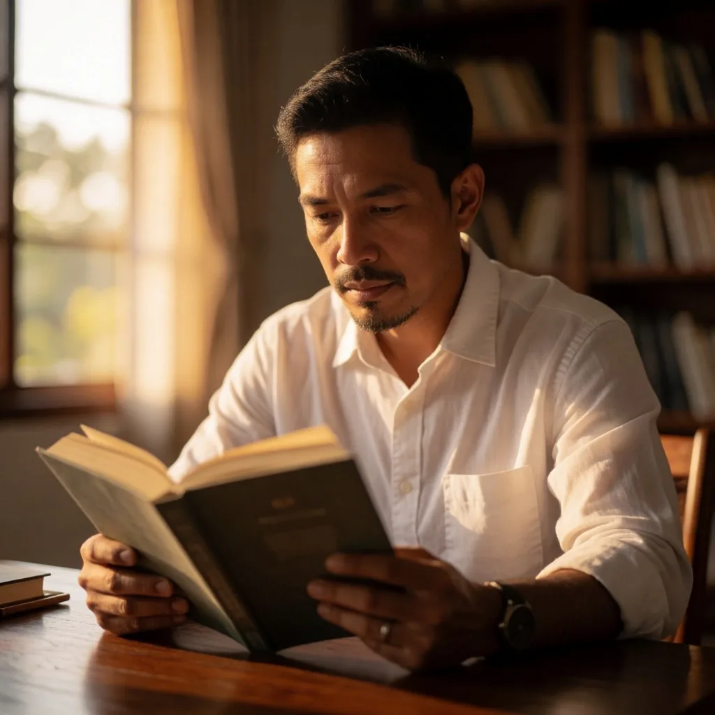 Indonesian man reading at a dark wood desk in warm afternoon light