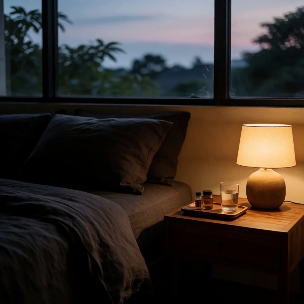 A quiet bedroom with warm bedside lighting at dusk