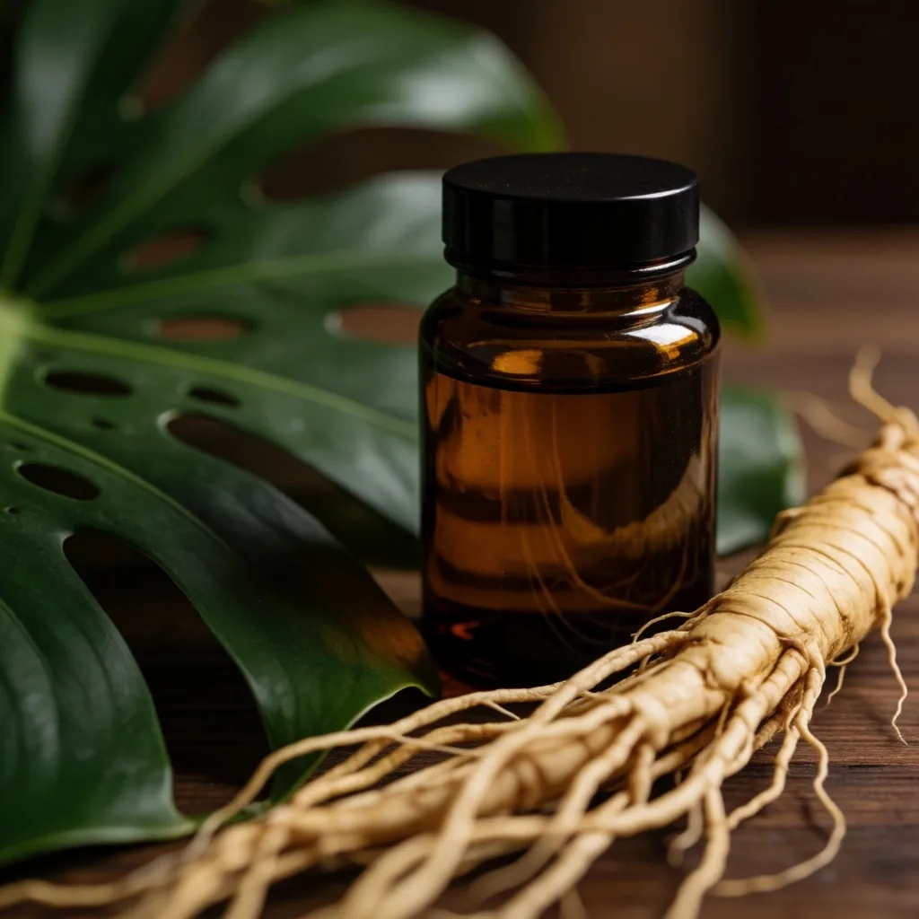 Natural botanical ingredients on a dark wooden surface