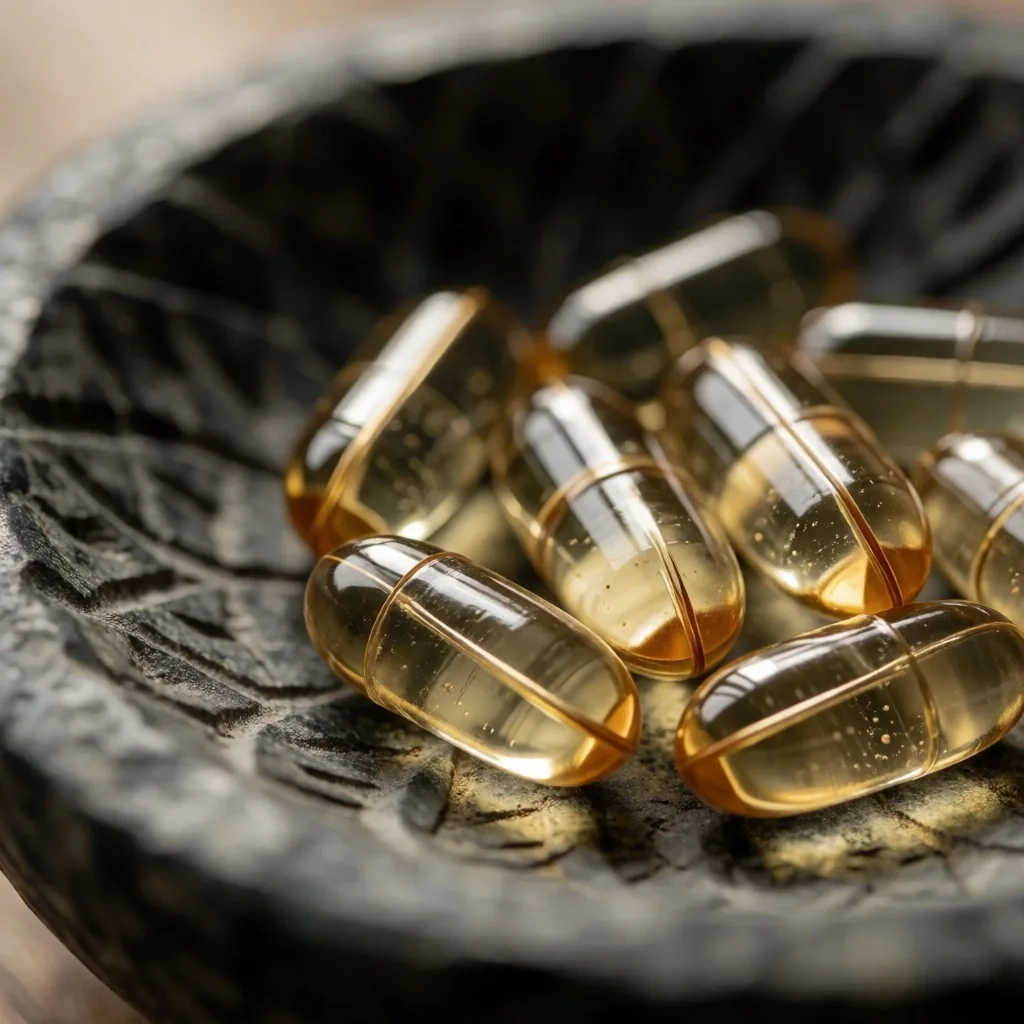 Natural supplement capsules in a stone bowl