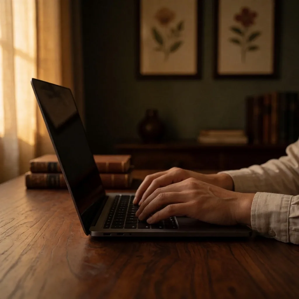 Laptop on a dark wooden desk in warm library light