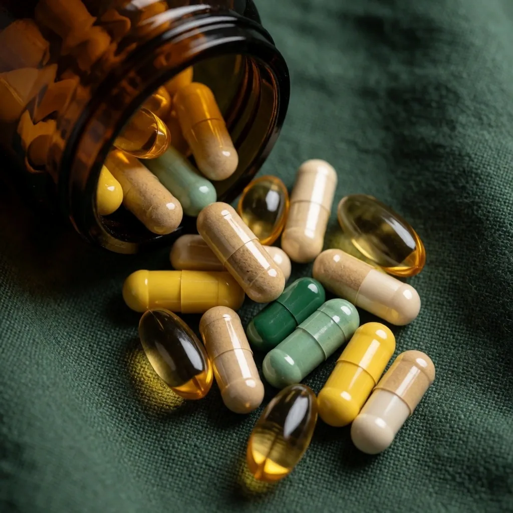 Assorted vitamin capsules and softgels from an amber jar on green linen