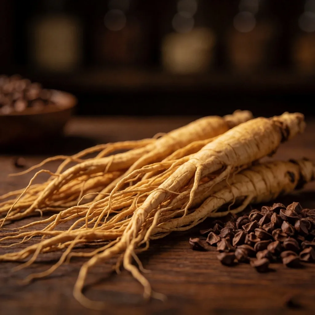 Dried Panax ginseng roots arranged on dark slate surface