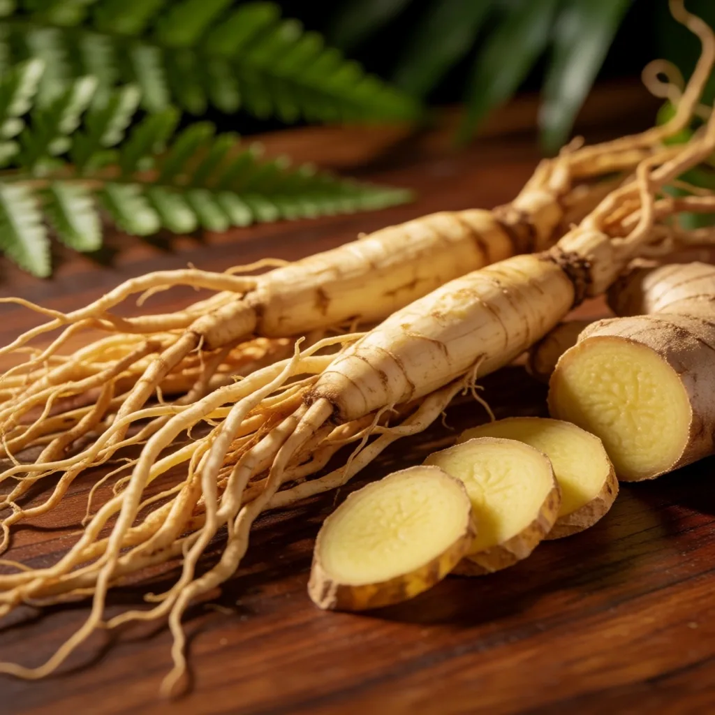 Fresh ginseng and ginger roots on dark teak wood, warm botanical lighting