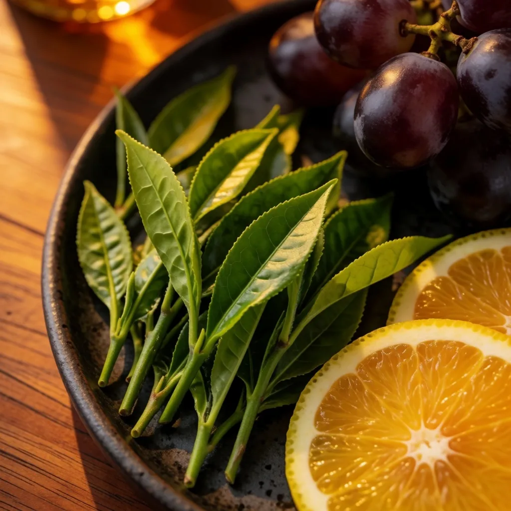 Green tea leaves, grapeseed, and citrus on dark ceramic plate