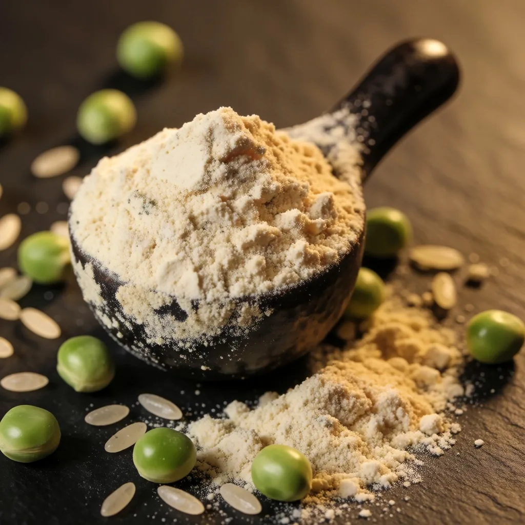 Plant-based protein powder scoop with pea and rice grains on dark slate